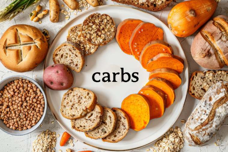 carbohydrates in a plate with bread, potatoes, grain 